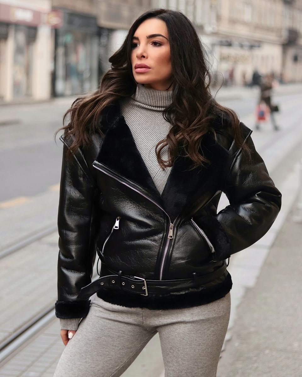 Zara Jacket – Black Smooth Faux Leather & Black Fur