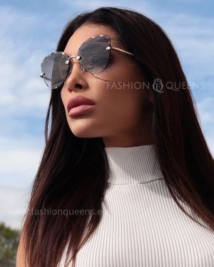 Cat Eye Crystal Oversized Rimless Sunglasses with Grey Glass