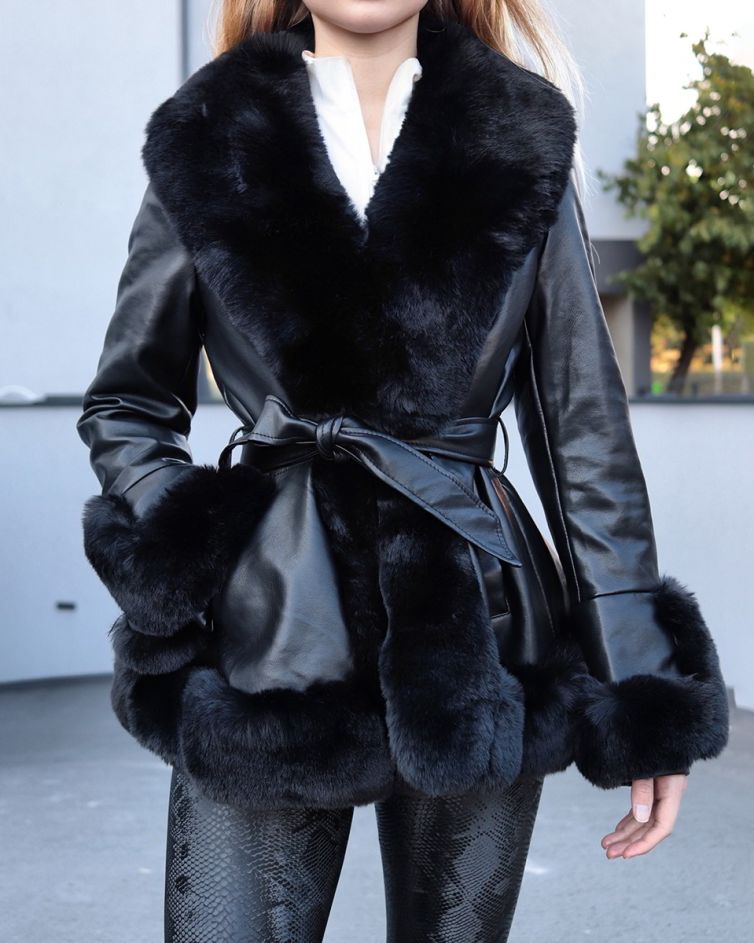 Editta – Short Coat Black Smooth Faux Leather & Fur