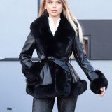 Editta – Short Coat Black Smooth Faux Leather & Fur