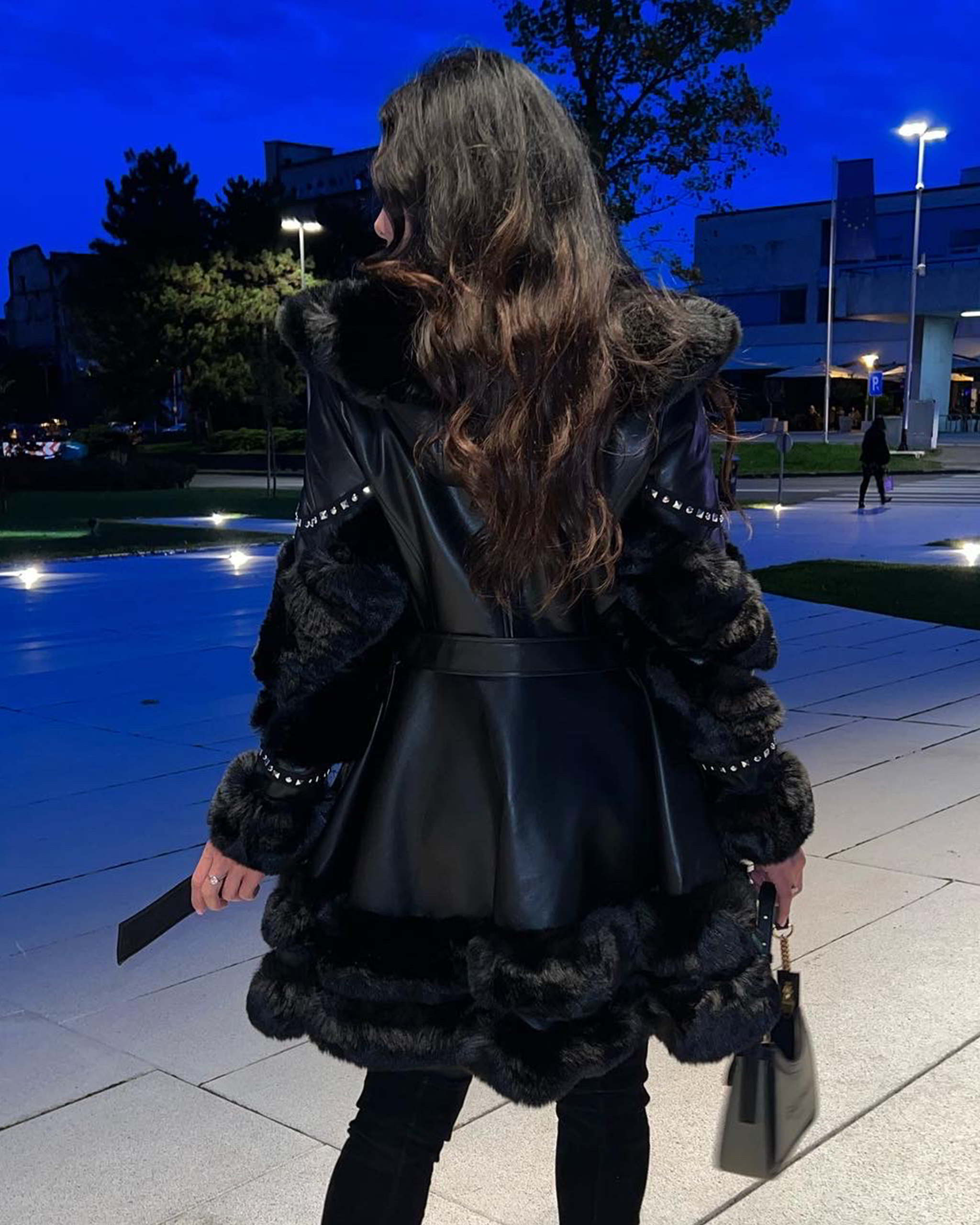 Nita – Black Smooth Faux Leather & Fur Coat
